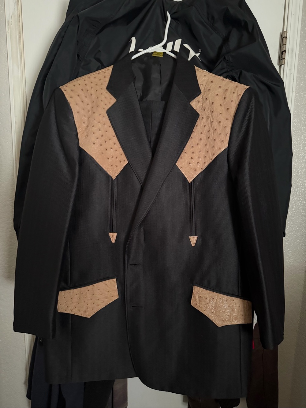 Men's Black Blazer with Tan Ostrich-Style Yoke & Pocket Accents